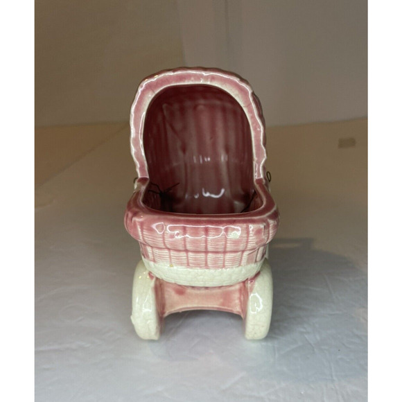 planter baby carriage pink Midcentury american pottery boho USA made small vtg - Picture 11 of 13